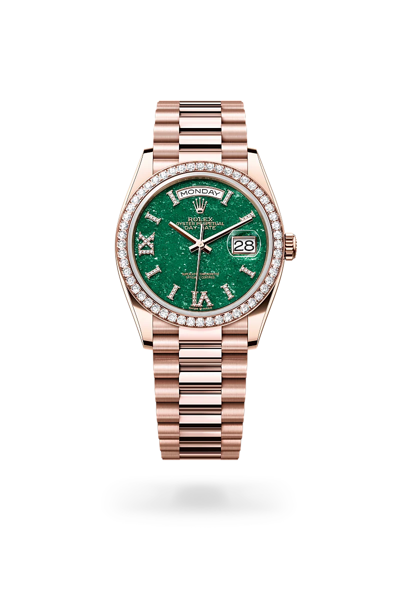 Rolex Day Date Automatic Chronometer Diamond Green Aventurine Dial Unisex Watch 128345RBR 0068 Automatic Movement 18kt Rose Gold President Strap 36