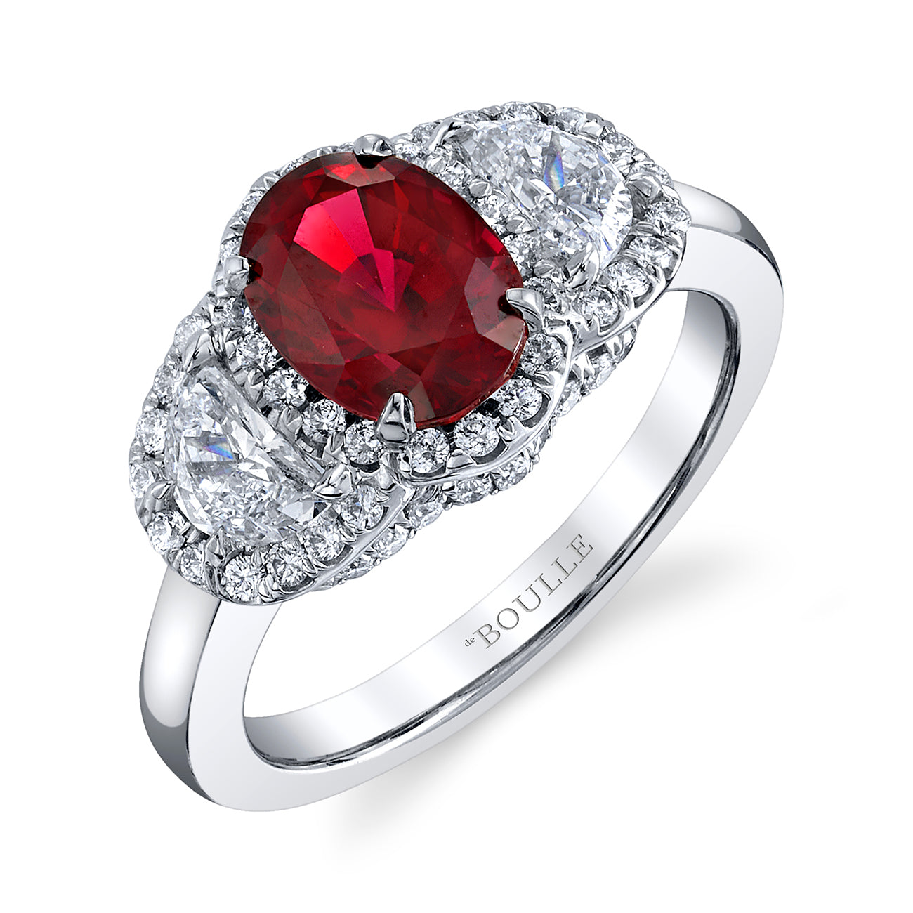 deoulle Collection Ruby Three Stone Ring with Diamond Halo