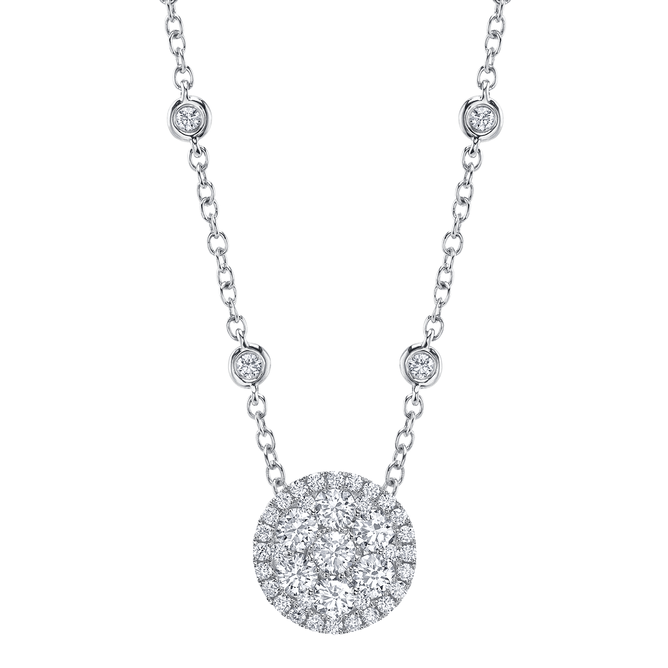 Round Diamond Cluster Pendant in White Gold