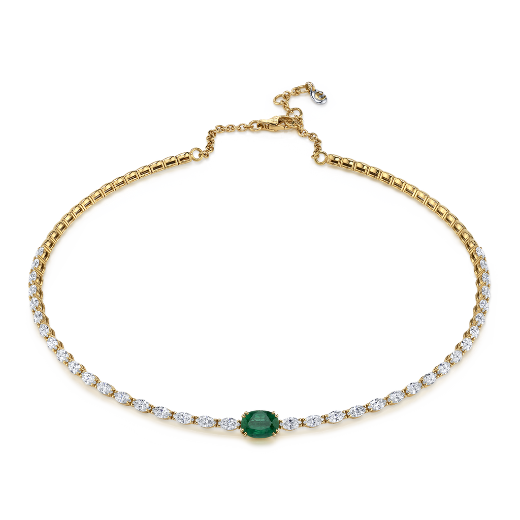 Oval Diamond and Emerald Choker Necklace