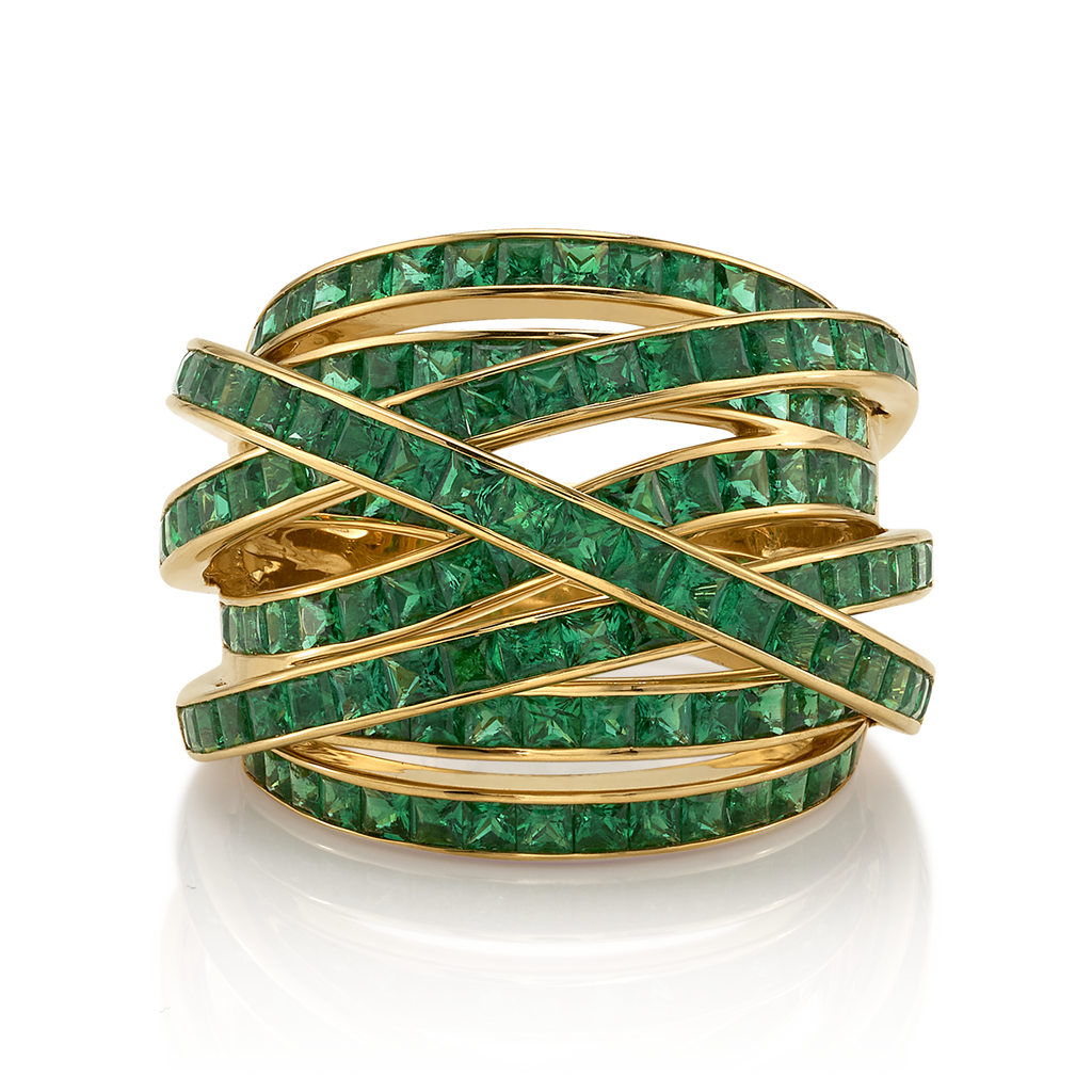 Square Emerald Ring with Interwoven Bands