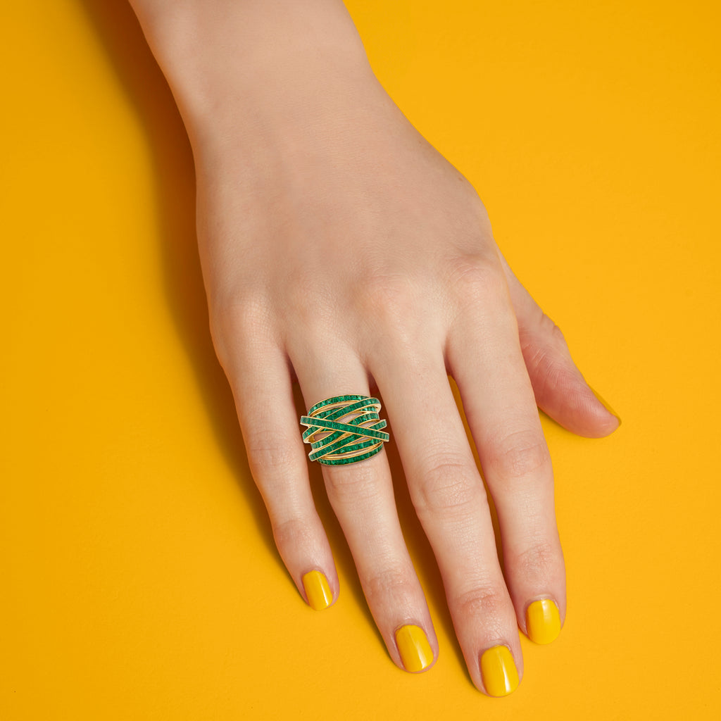 Square Emerald Ring with Interwoven Bands