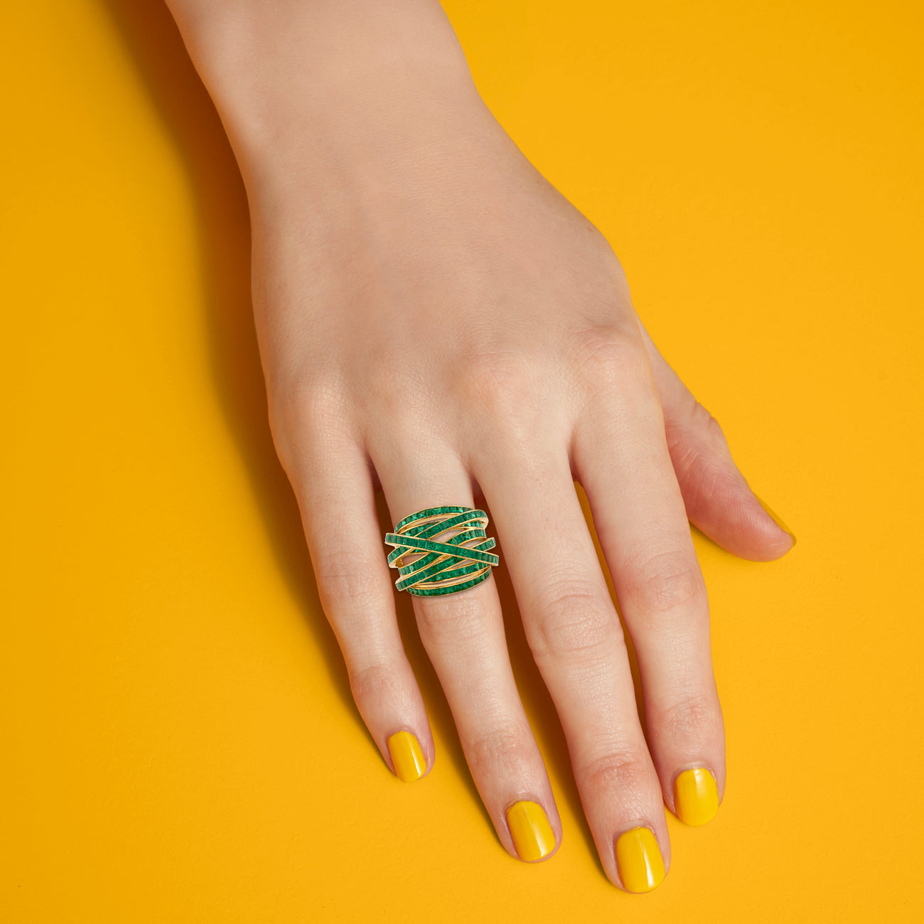 Square Emerald Ring with Interwoven Bands