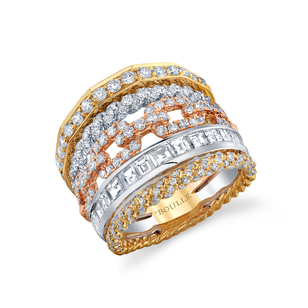 deBoulle Collection Modern Retro Ring in Rose, White and Yellow Gold