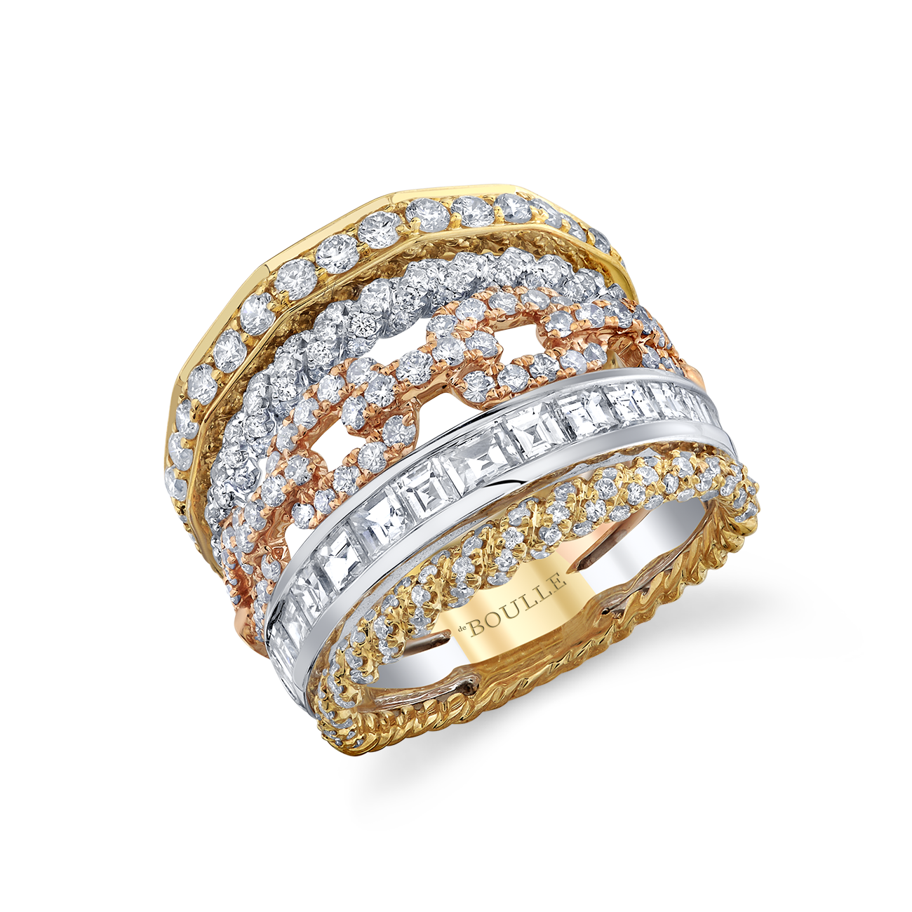 deBoulle Collection Modern Retro Ring in Rose, White and Yellow Gold