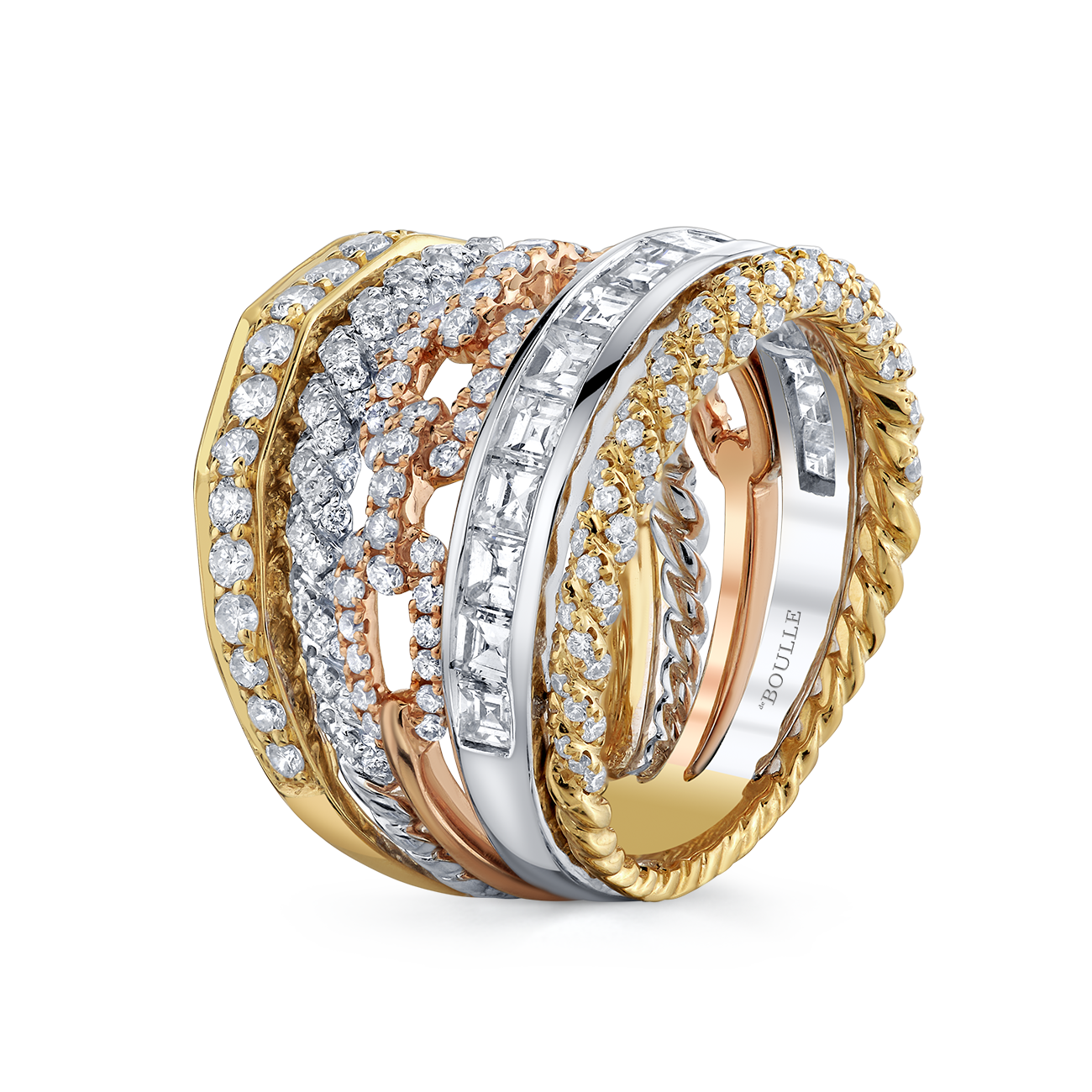 deBoulle Collection Modern Retro Ring in Rose, White and Yellow Gold