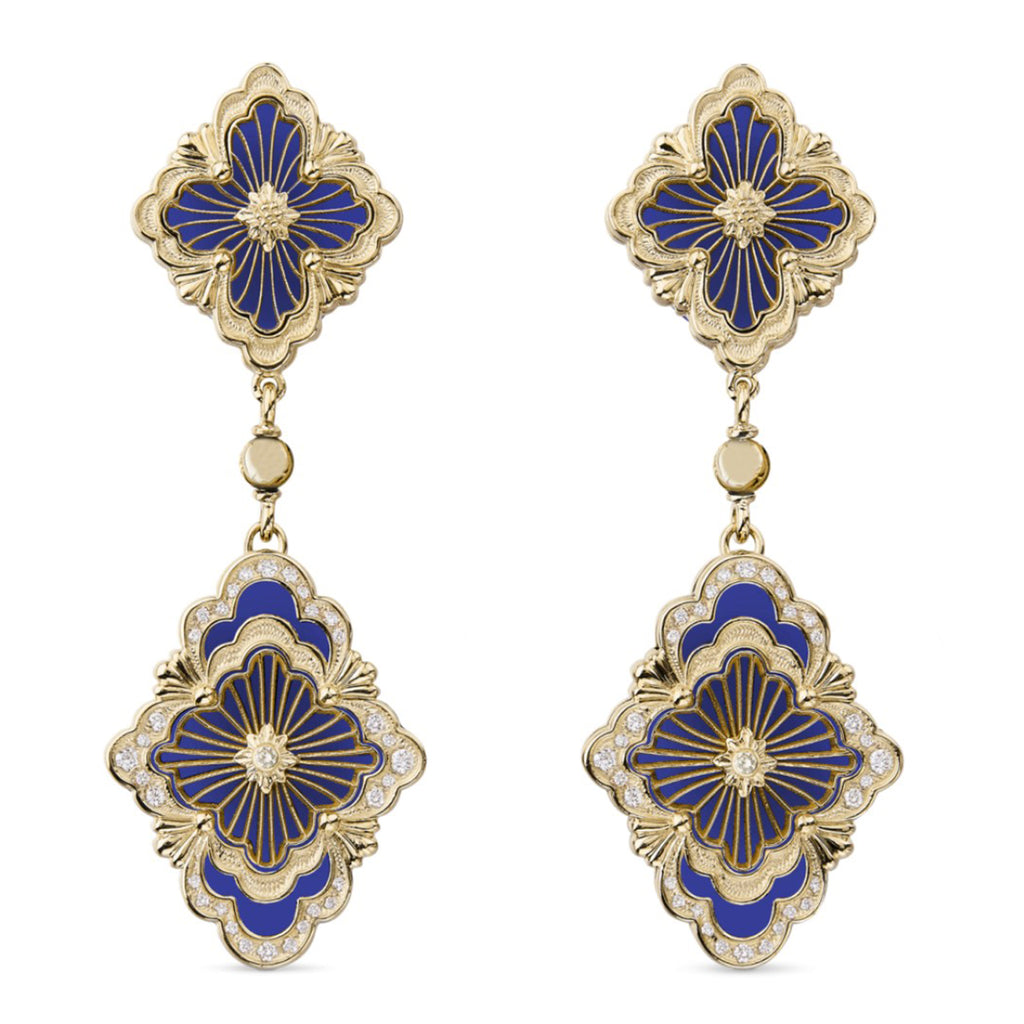 Opera Tulle Pendant Earrings With Blue Enamel And Diamonds