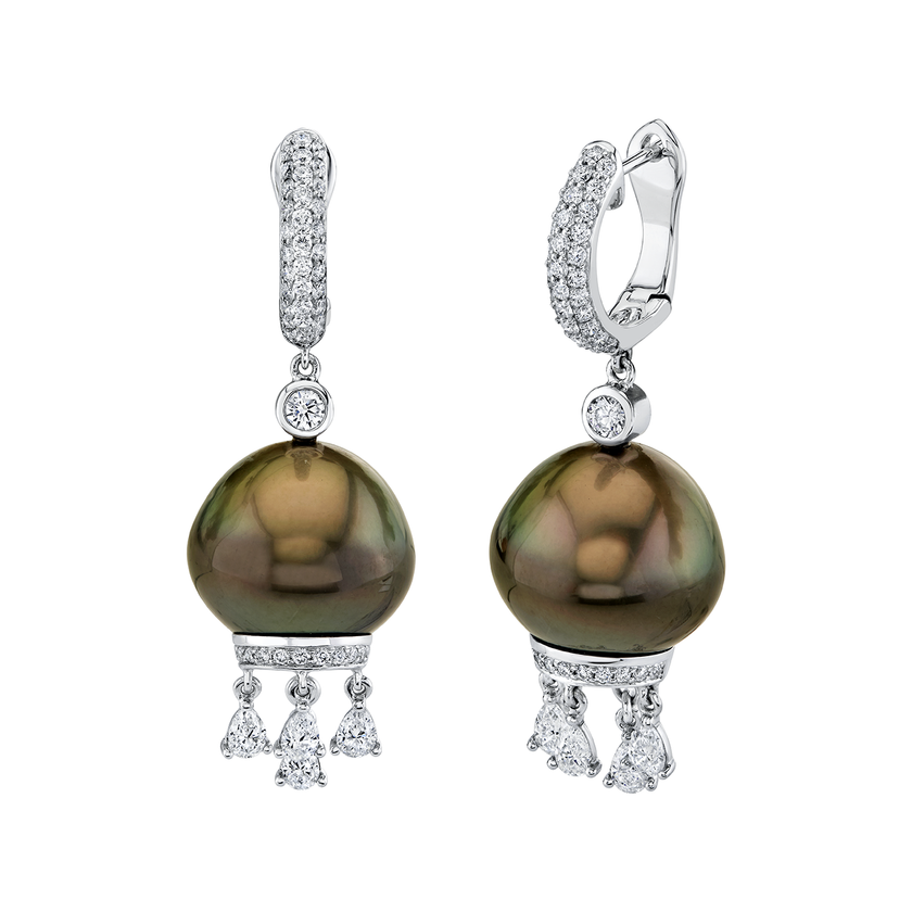 deBoulle Collection Diamond and Black Tahitian Pearl Earrings